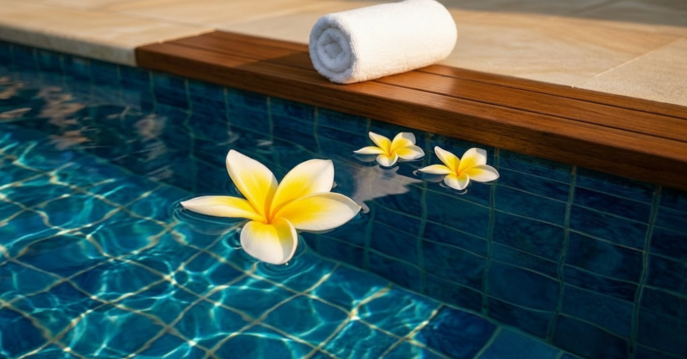 Frosted glass mosaic pool tiles creating a soft blue waterline around a modern outdoor swimming pool.