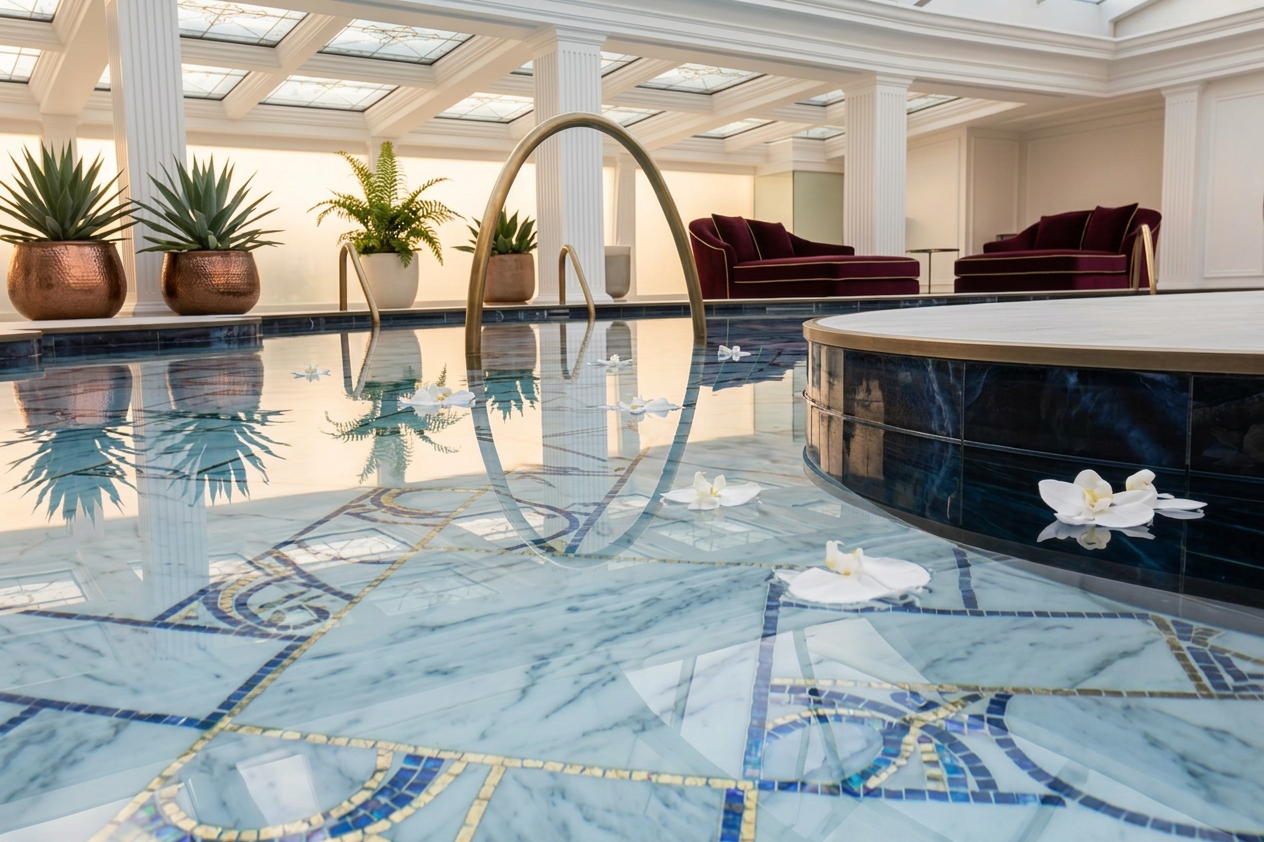 Glossy blue glass pool tiles reflecting sunlight along the waterline of a modern outdoor swimming pool.