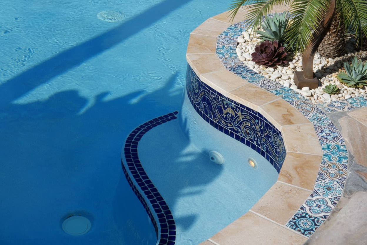 Blue mosaic waterline pool tiles forming a clean border around a bright outdoor swimming pool.