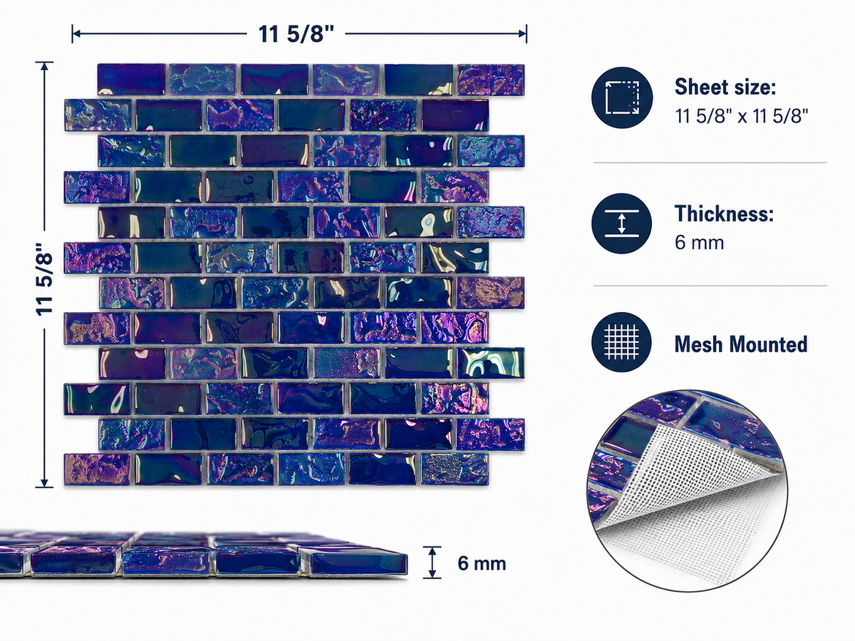 Sapphire Indigo mosaic specifications: 11 5/8 by 11 5/8 inch sheet, 6 mm thick, mesh mounted.