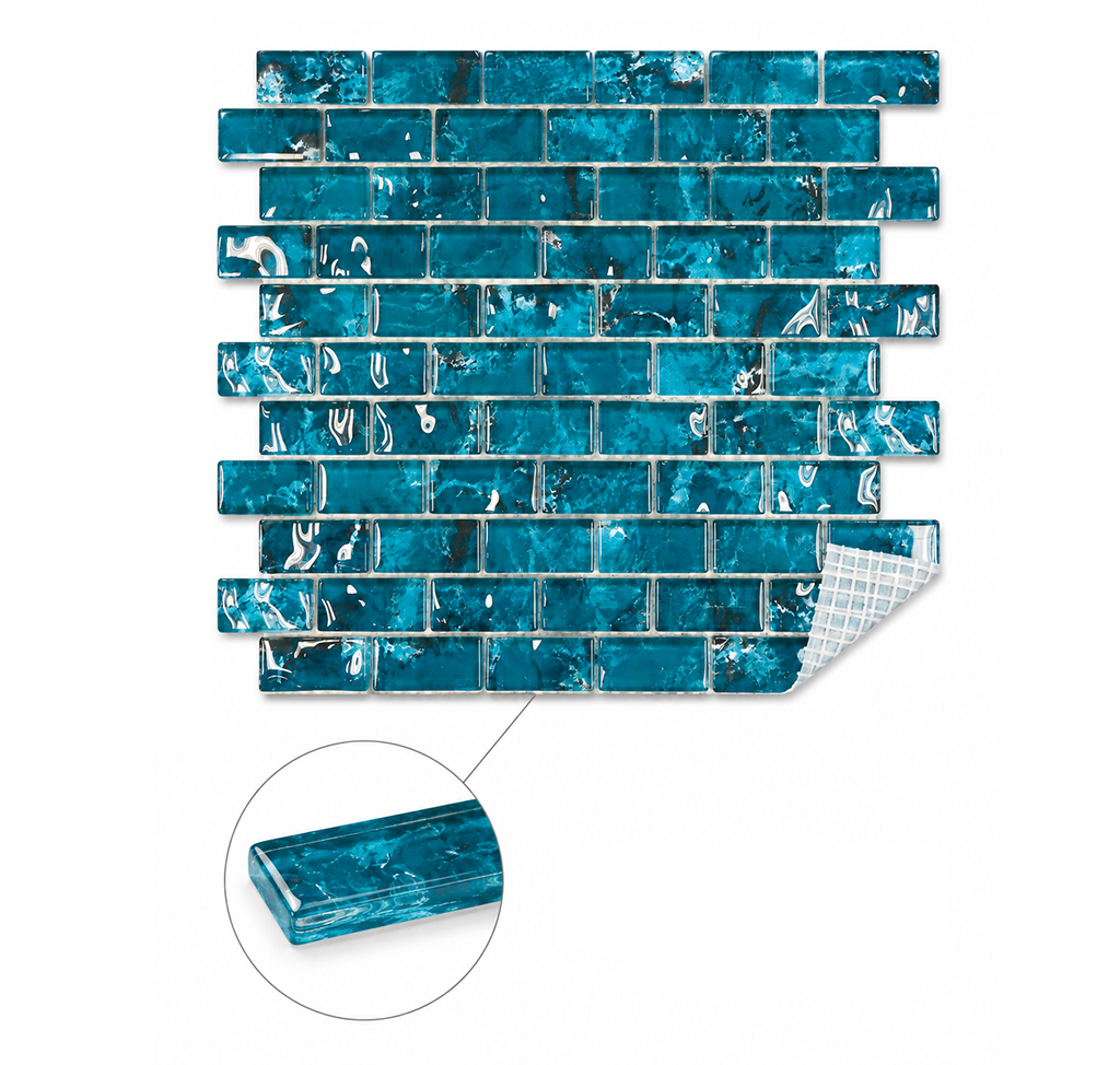 Coastal Aqua Green glass mosaic sheet with a magnified callout of a single rectangular tile chip.
