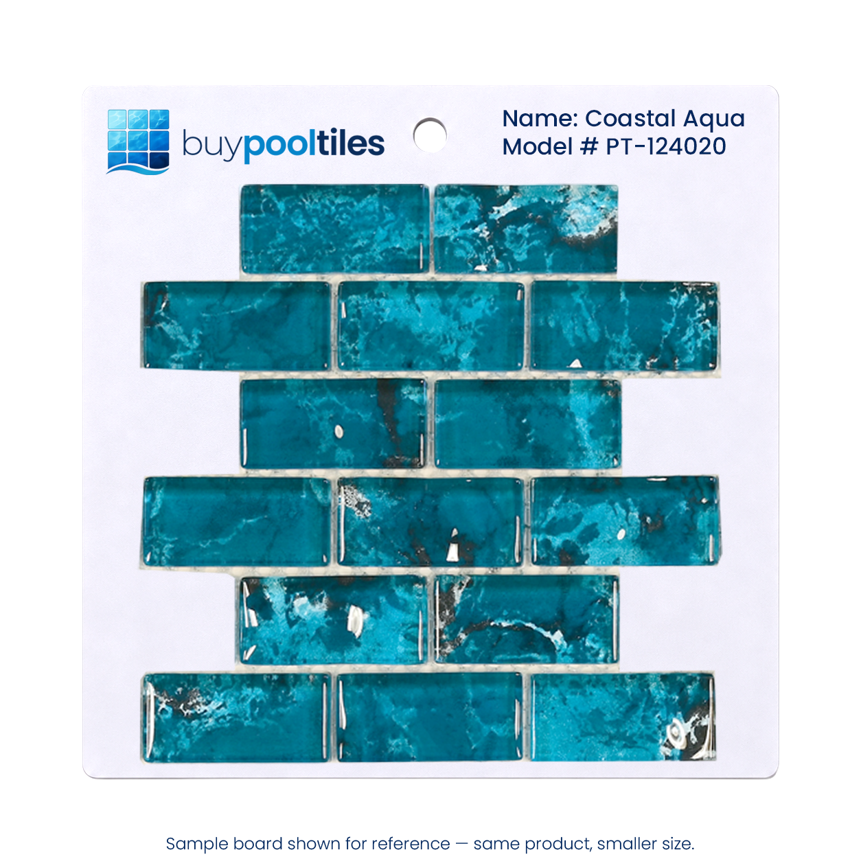 Coastal Aqua Green glass mosaic pool tile sample board on a white backing card.
