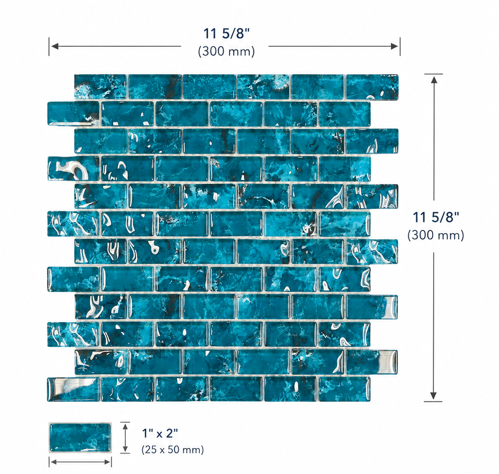 Coastal Aqua Green mosaic sheet dimensions diagram: 11 5/8 inch (300 mm) square sheet with 1 by 2 inch (25 by 50 mm) chips.