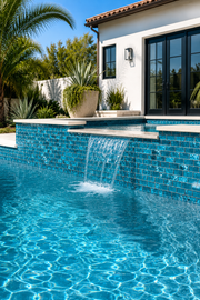 Swimming pool with a spillway water feature clad in Coastal Aqua Green glass mosaic tile, beside a villa with palm trees.