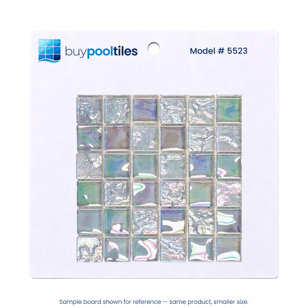 Opaline Pearl crystal glass mosaic pool tile sample board, model 5523, on a white backing card.