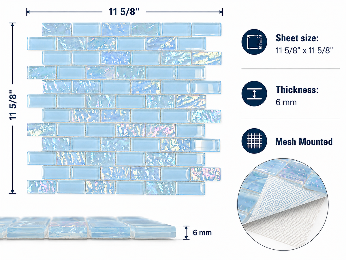 Iridescent Ocean Blue mosaic specifications: 11 5/8 by 11 5/8 inch sheet, 6 mm thick, mesh mounted.