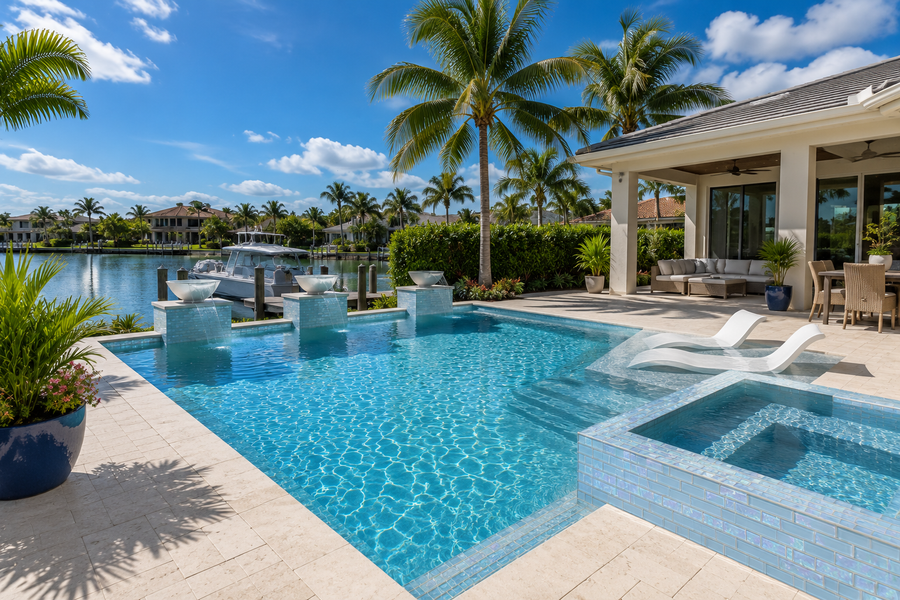 Backyard pool and spa finished in Iridescent Ocean Blue glass mosaic tile, with palms and a modern house.