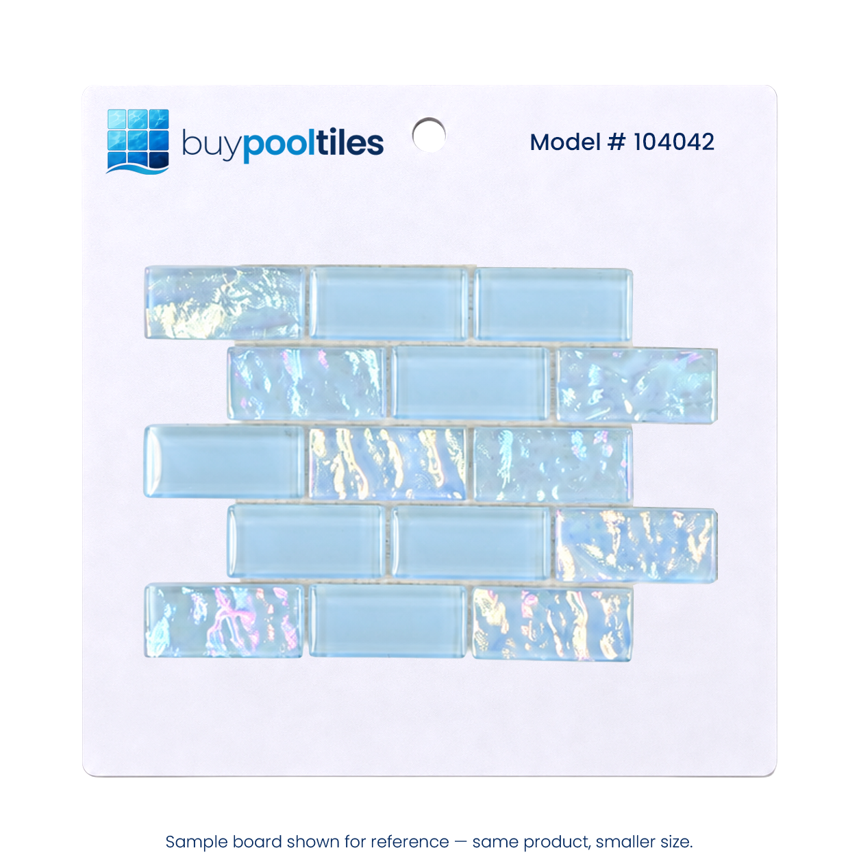 Iridescent Ocean Blue glass mosaic pool tile sample board, model 104042, on a white backing card.