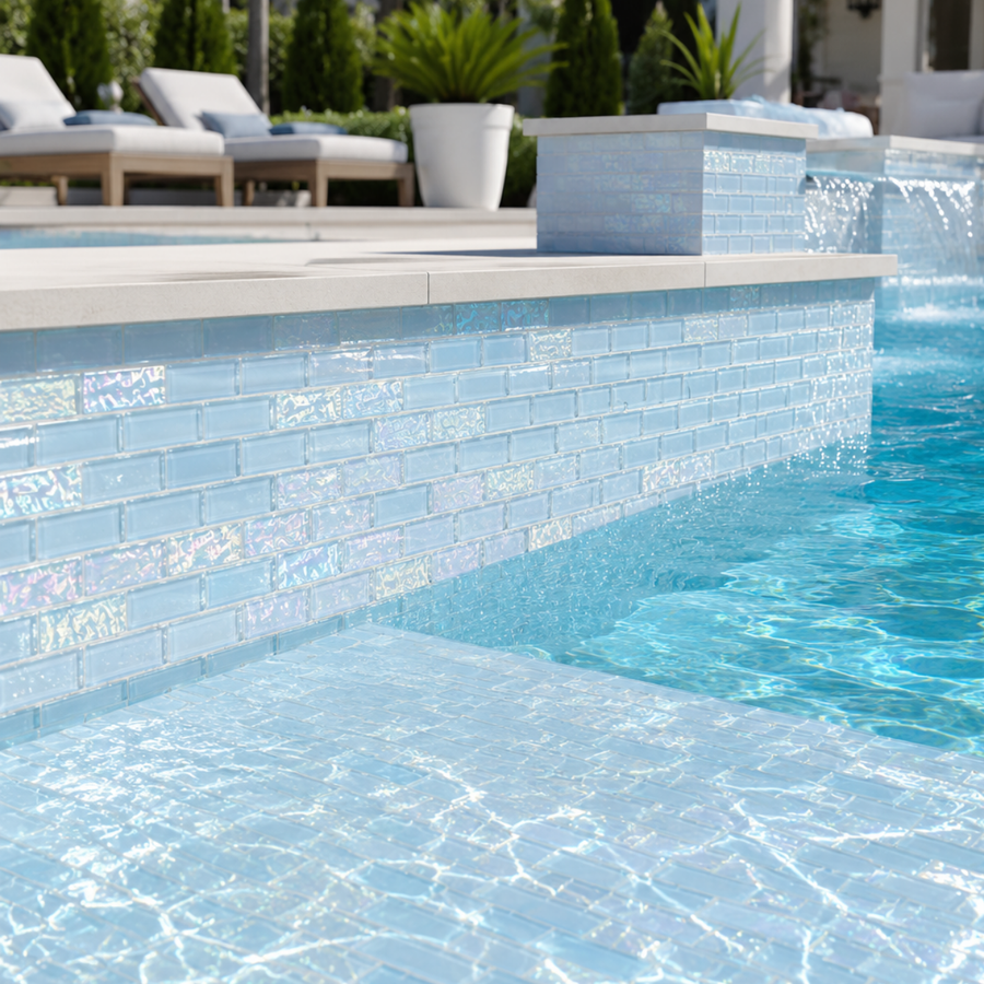 Pool with an Iridescent Ocean Blue glass mosaic waterline band beside poolside loungers.
