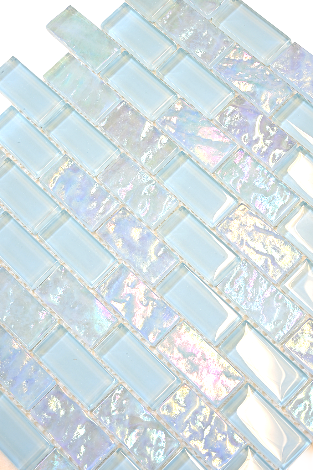 Mesh-mounted iridescent blue glass mosaic tile sheet, 12 by 12 inches