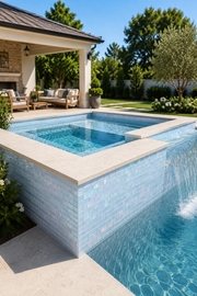 Frost-proof iridescent glass waterline tile in a luxury pool