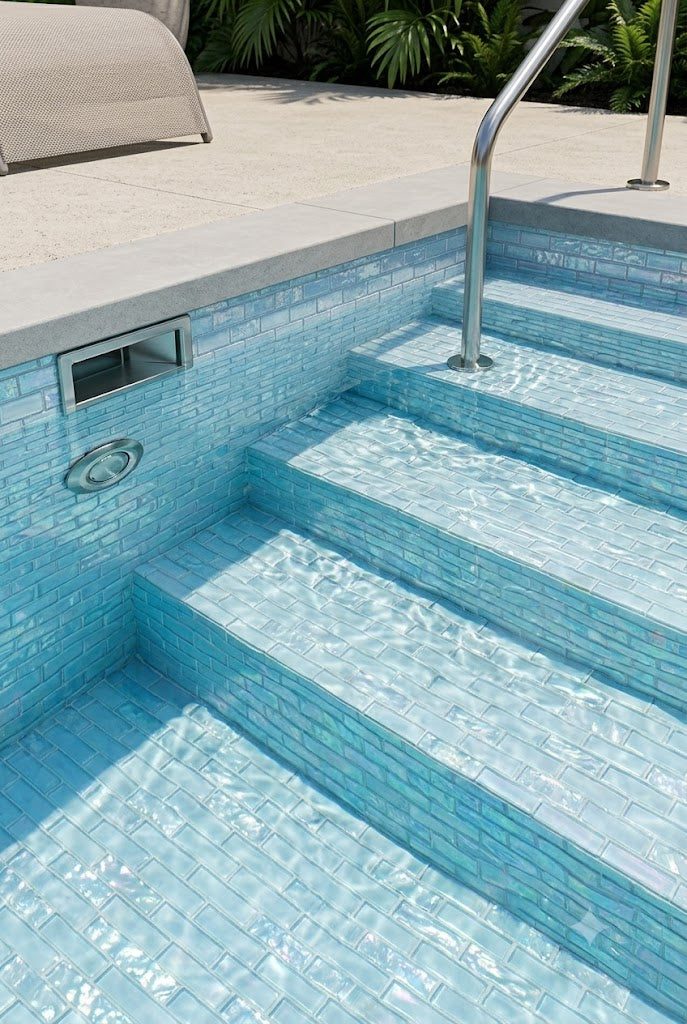Close-up of iridescent ocean-blue glass mosaic pool tile finish