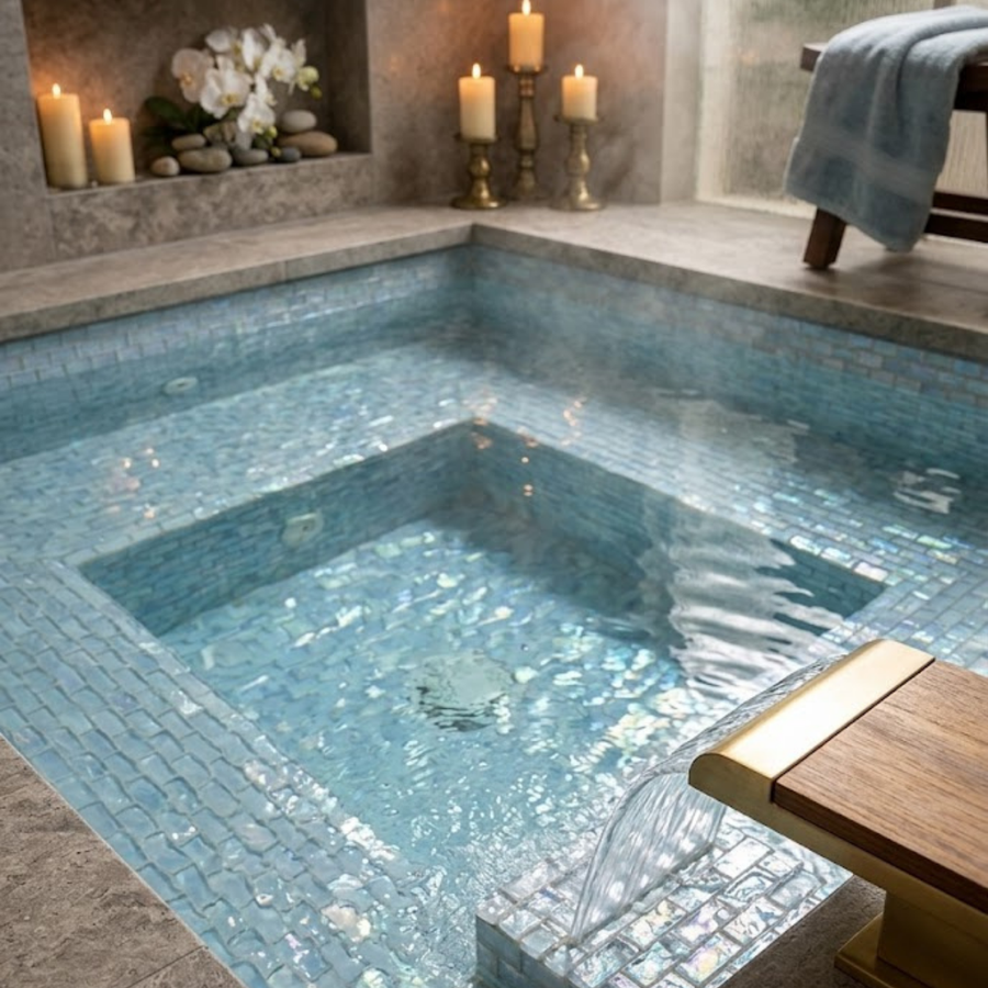 Indoor plunge spa lined with Iridescent Ocean Blue glass mosaic tile, with candles and a towel.