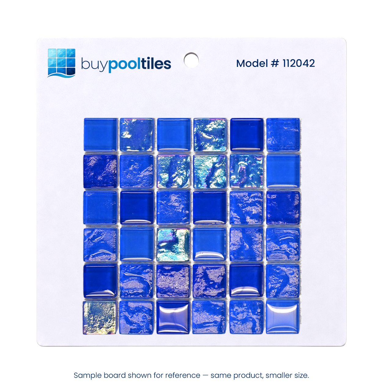 Cobalt Blue iridescent glass mosaic pool tile sample board, model 112042, on a white backing card.