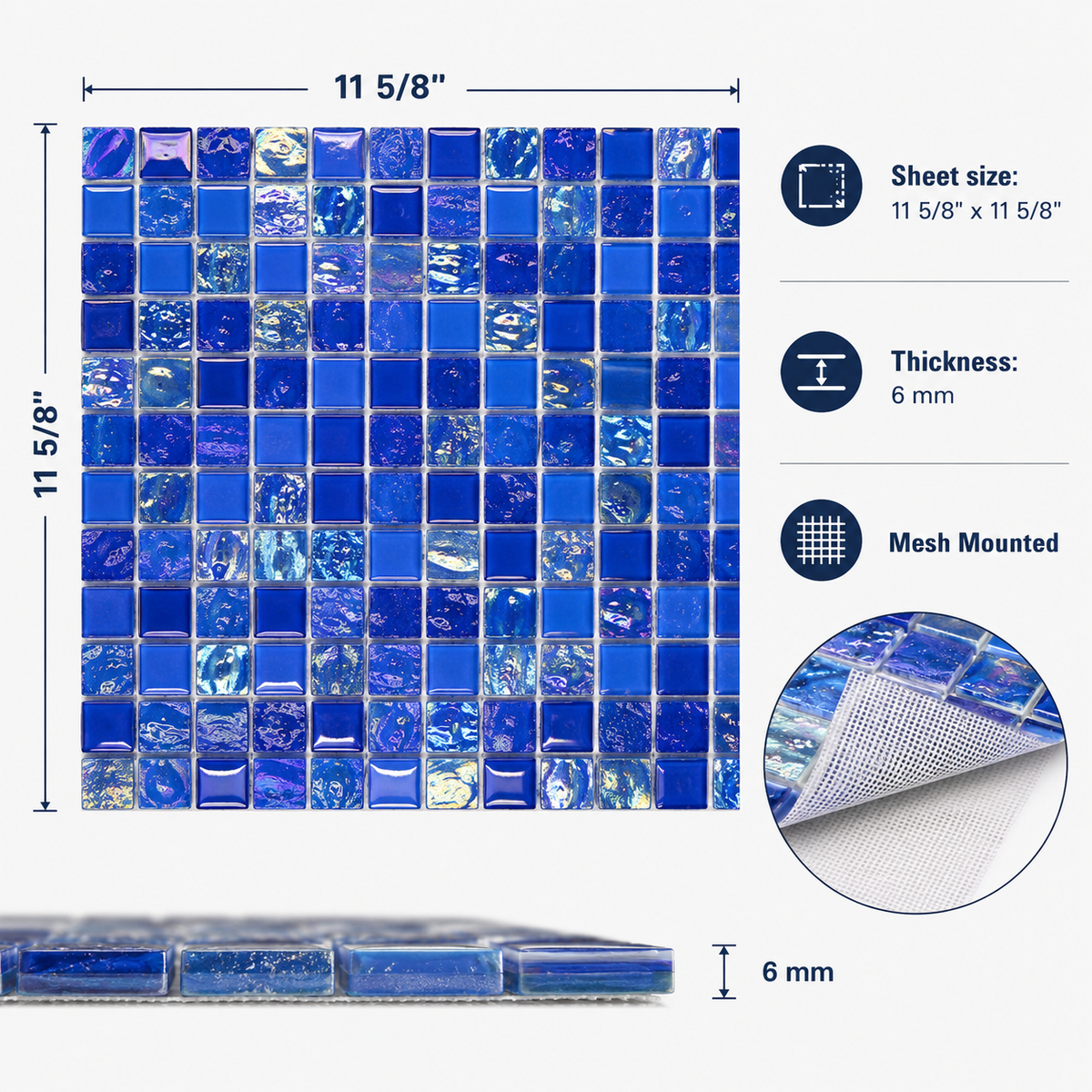 Cobalt Blue mosaic specifications: 11 5/8 by 11 5/8 inch sheet, 6 mm thick, mesh mounted.