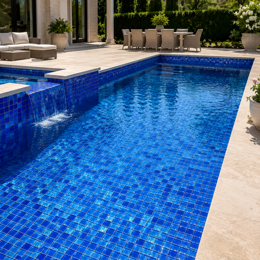 Modern pool lined with Cobalt Blue iridescent glass mosaic tile, with loungers and a clipped hedge.