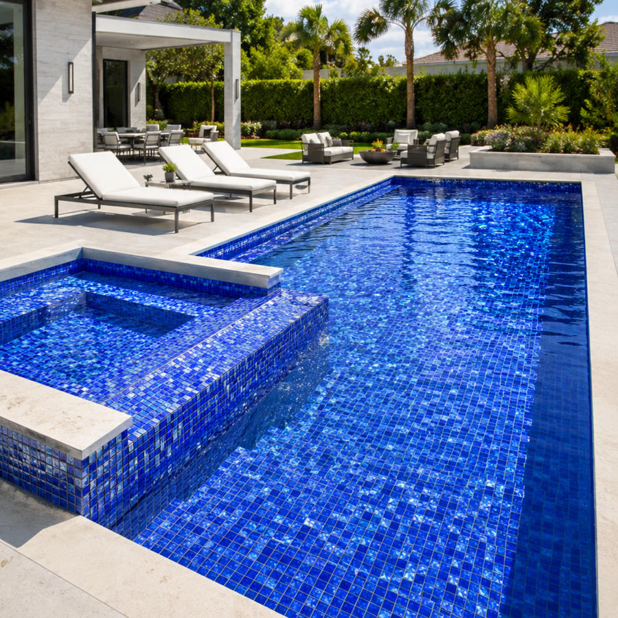 Pool with a raised spa in Cobalt Blue iridescent glass mosaic tile and poolside loungers.