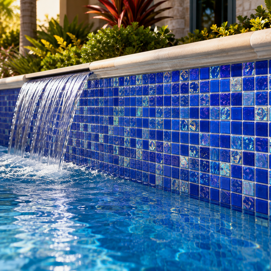 Waterfall wall clad in Cobalt Blue iridescent glass mosaic tile with garden planting above.