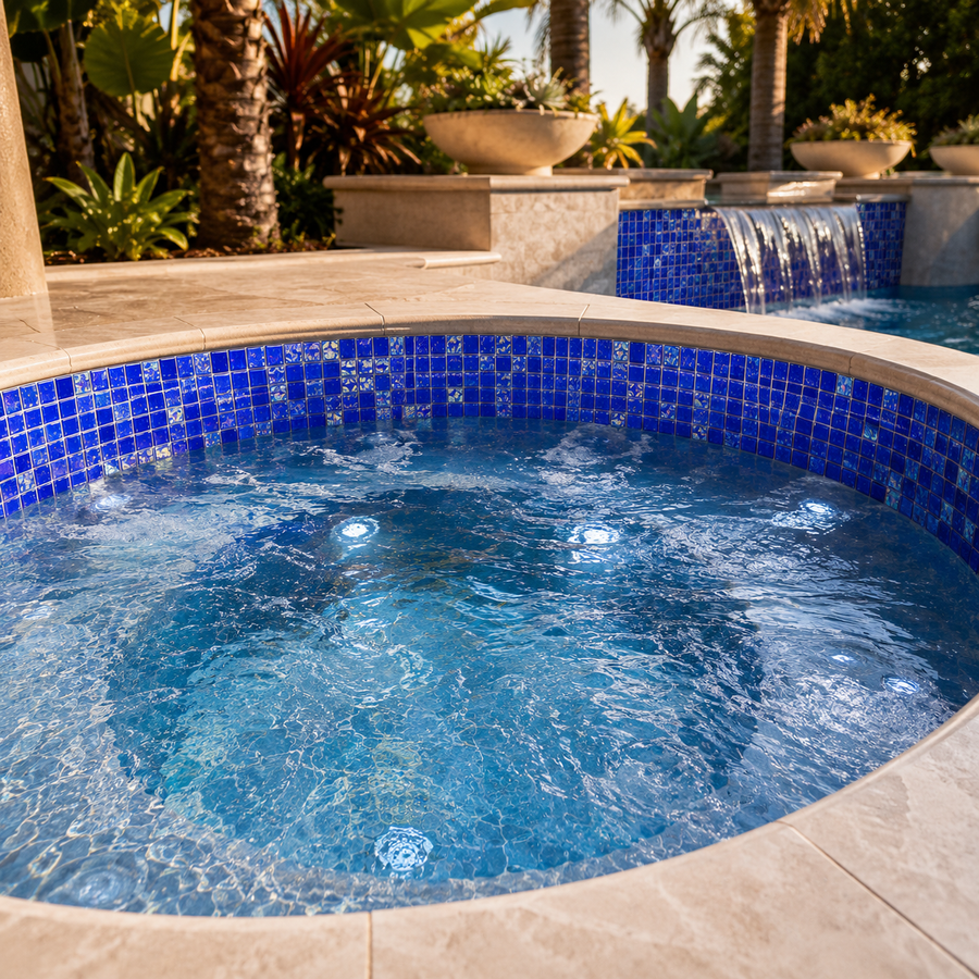 Round spa finished in Cobalt Blue iridescent glass mosaic tile, framed by palms.