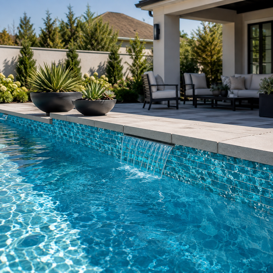 Built-in pool with a sheer-descent waterfall wall in Coastal Aqua Green glass mosaic tile beside a patio.