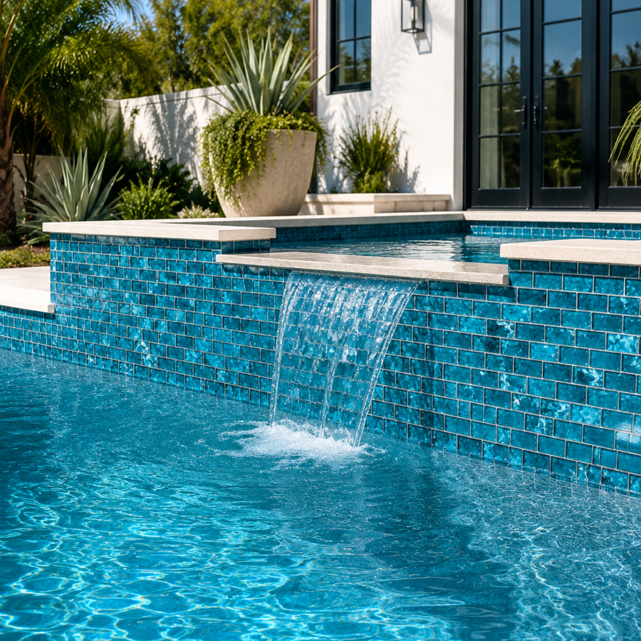 Raised spa and waterfall wall finished in Coastal Aqua Green glass mosaic tile with planters above.