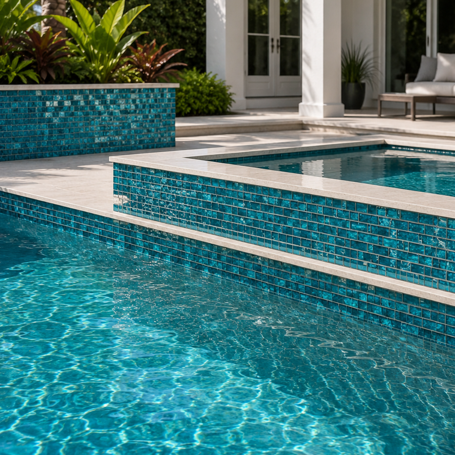 Pool with a raised wall in Coastal Aqua Green glass mosaic tile surrounded by tropical planting.