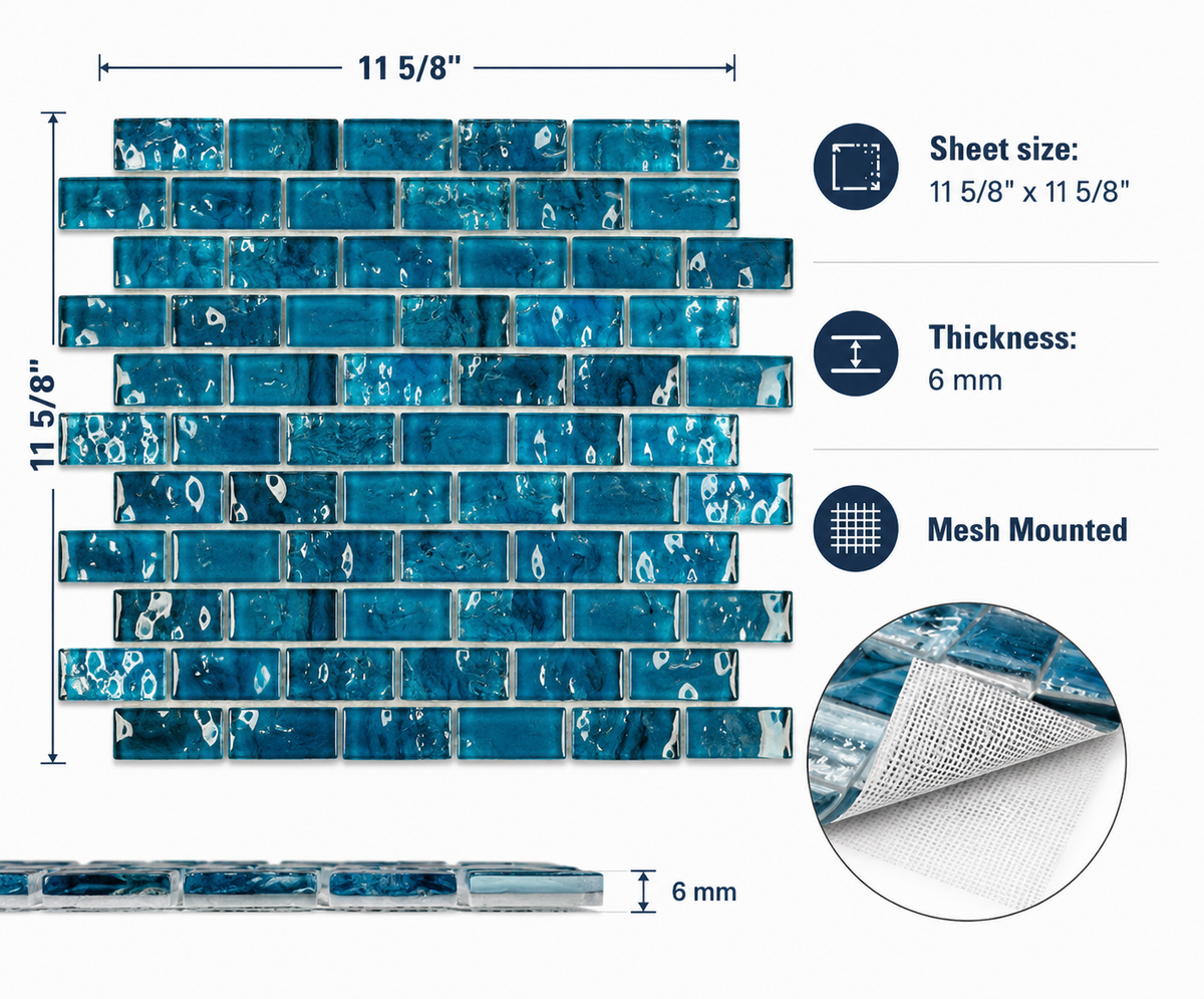 Coastal Aqua Green mosaic specifications: 11 5/8 by 11 5/8 inch sheet, 6 mm thick, mesh mounted.