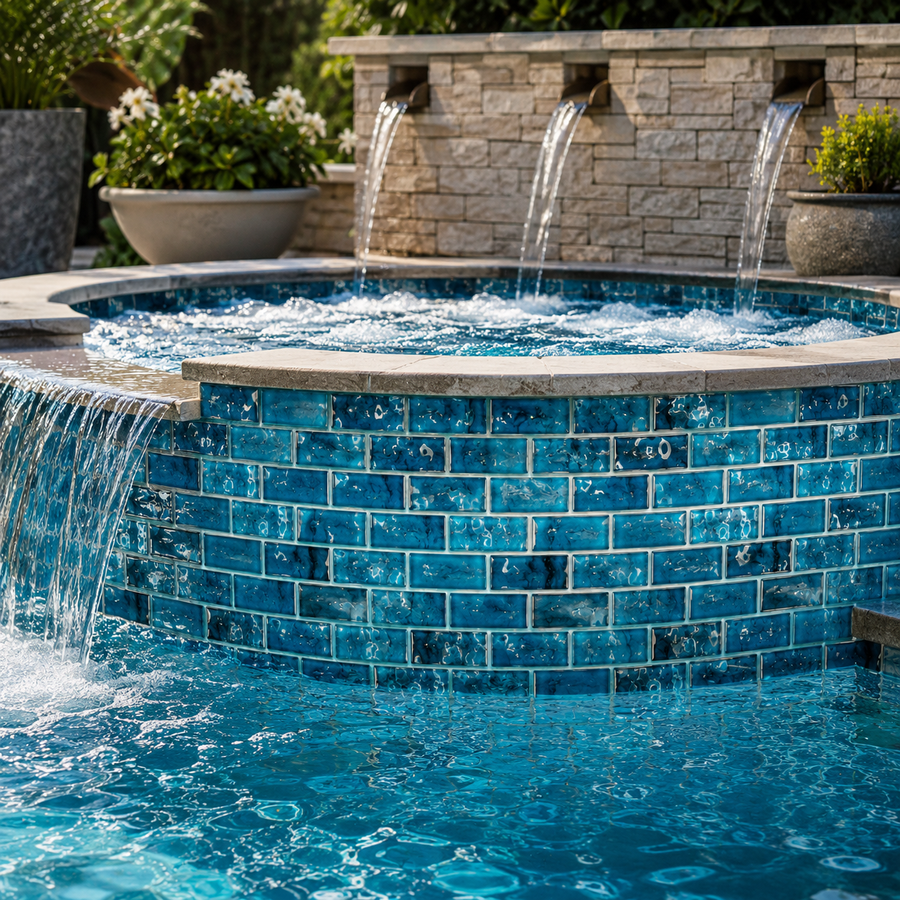 Round raised spa with water spouts, clad in Coastal Aqua Green glass mosaic tile.