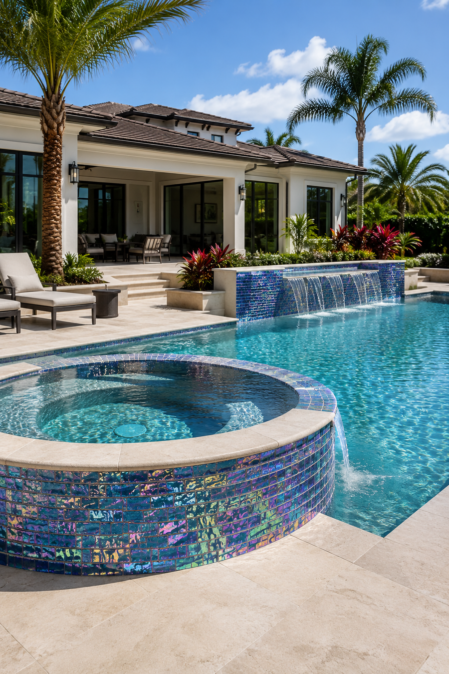 Pool with a round raised spa in Peacock Teal iridescent glass mosaic tile, framed by palms and a house.