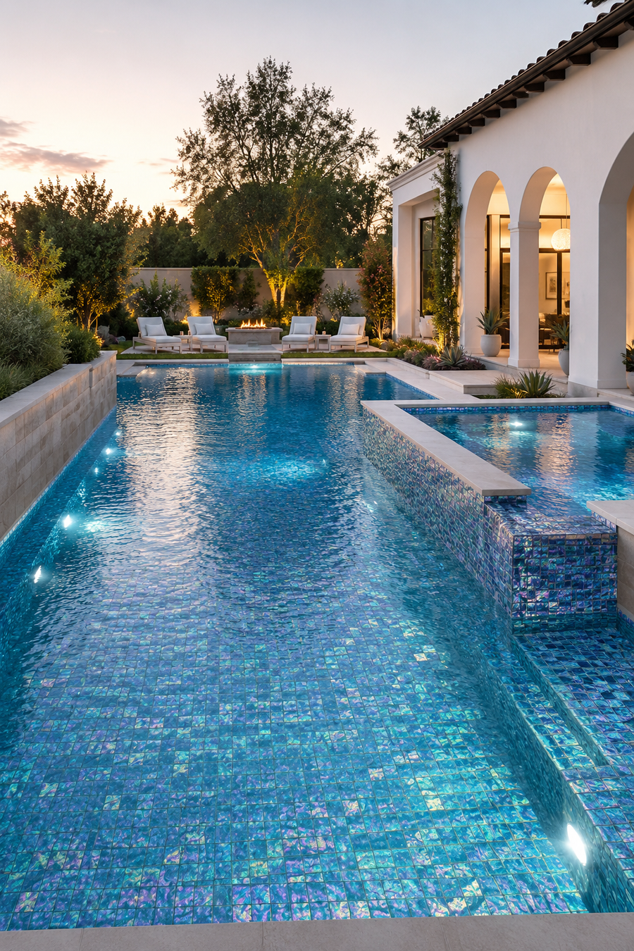 Long pool at dusk lined with Peacock Teal iridescent glass mosaic tile beside a Mediterranean villa.