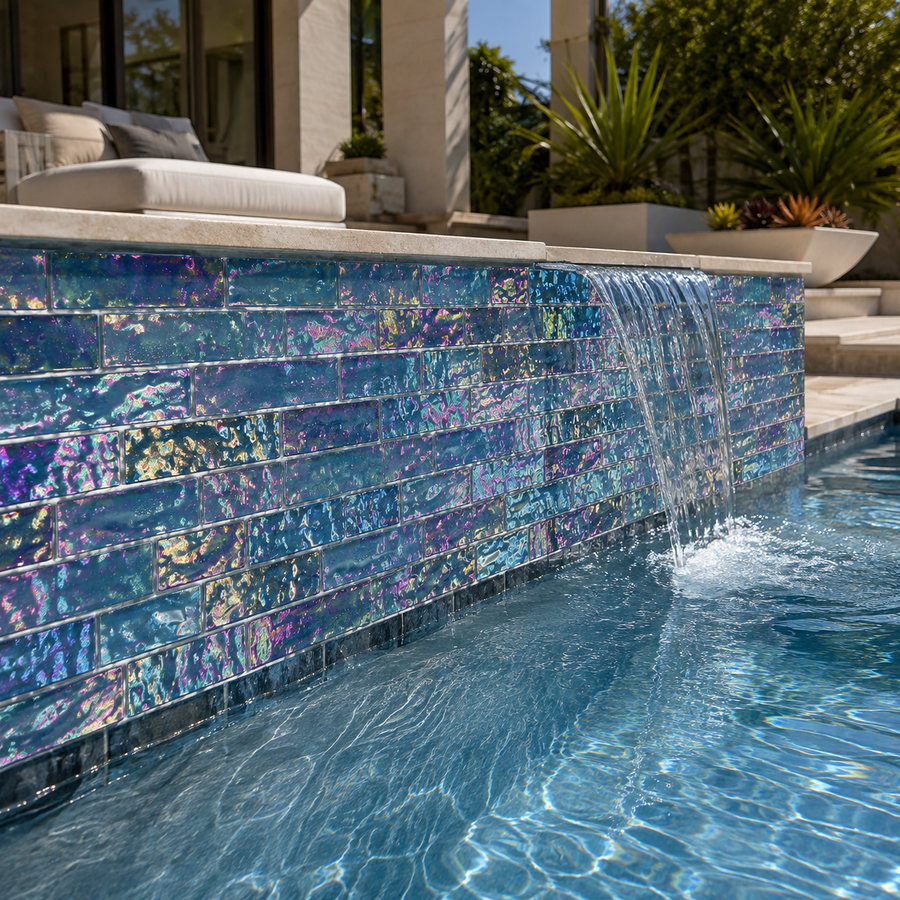 Close view of a pool wall waterfall clad in Peacock Teal iridescent glass mosaic tile.