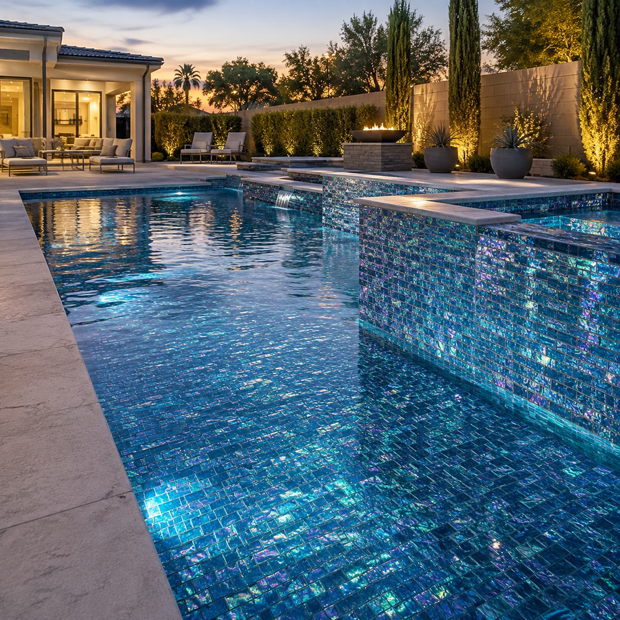 Inground pool at dusk with a raised spa tiled in Peacock Teal iridescent glass mosaic beside a lit house.