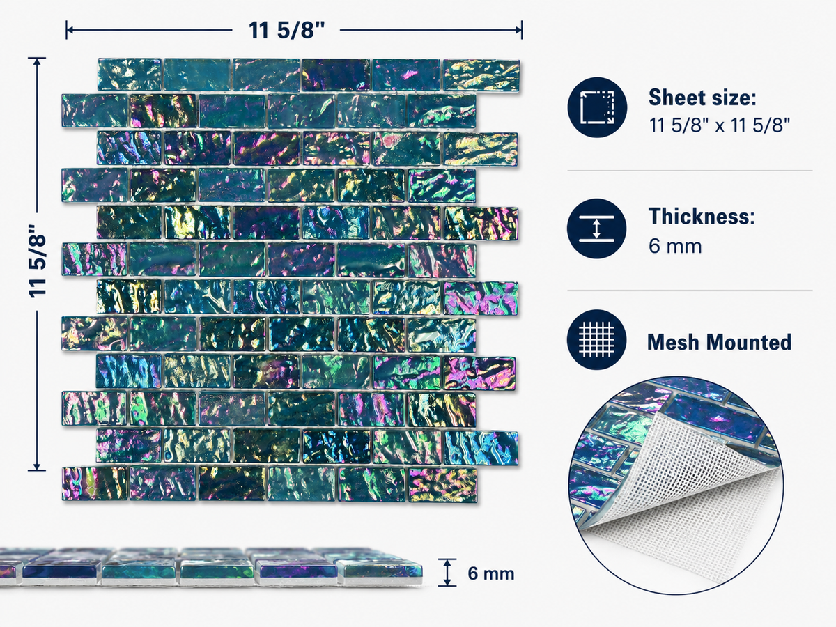 Peacock Teal mosaic specifications: 11 5/8 by 11 5/8 inch sheet, 6 mm thick, mesh mounted.