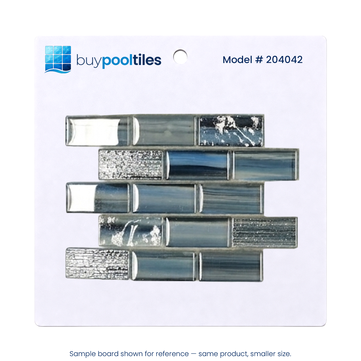 Linear Ocean Blend blue glass mosaic pool tile sample board, model 204042, on a white backing card.