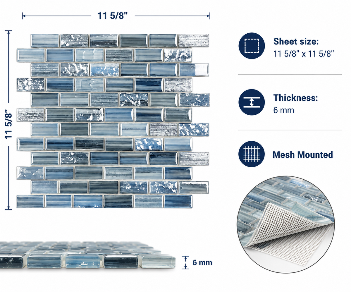 Linear Ocean Blend mosaic specifications: 11 5/8 by 11 5/8 inch sheet, 6 mm thick, mesh mounted.
