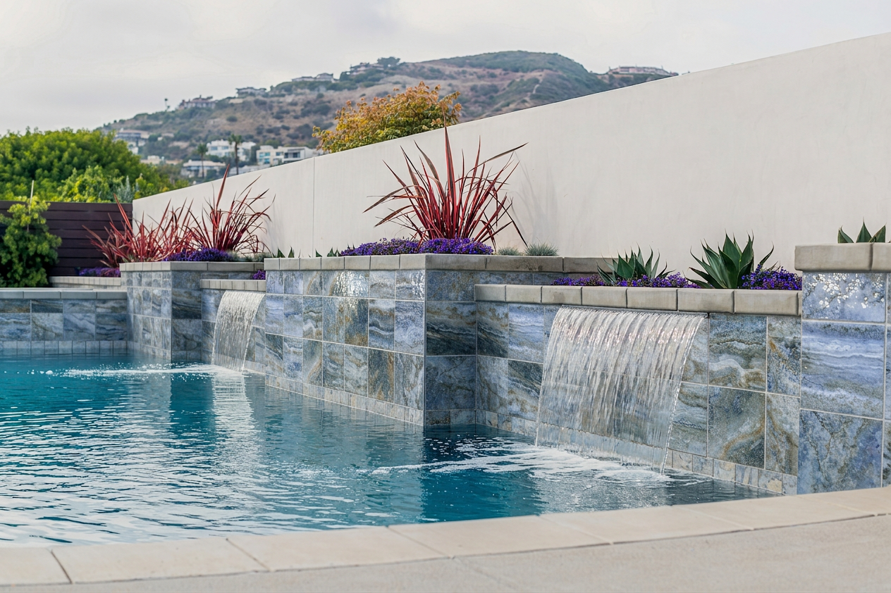 Pool with a long spillway wall clad in Storm Blend blue porcelain 6x6 tile, set against a rendered garden wall with hillside views.