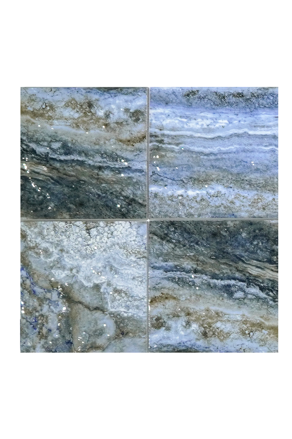 Marbled blue porcelain pool tile in glossy 6x6 pieces with silver and bronze veining for waterlines, spas and pool walls.