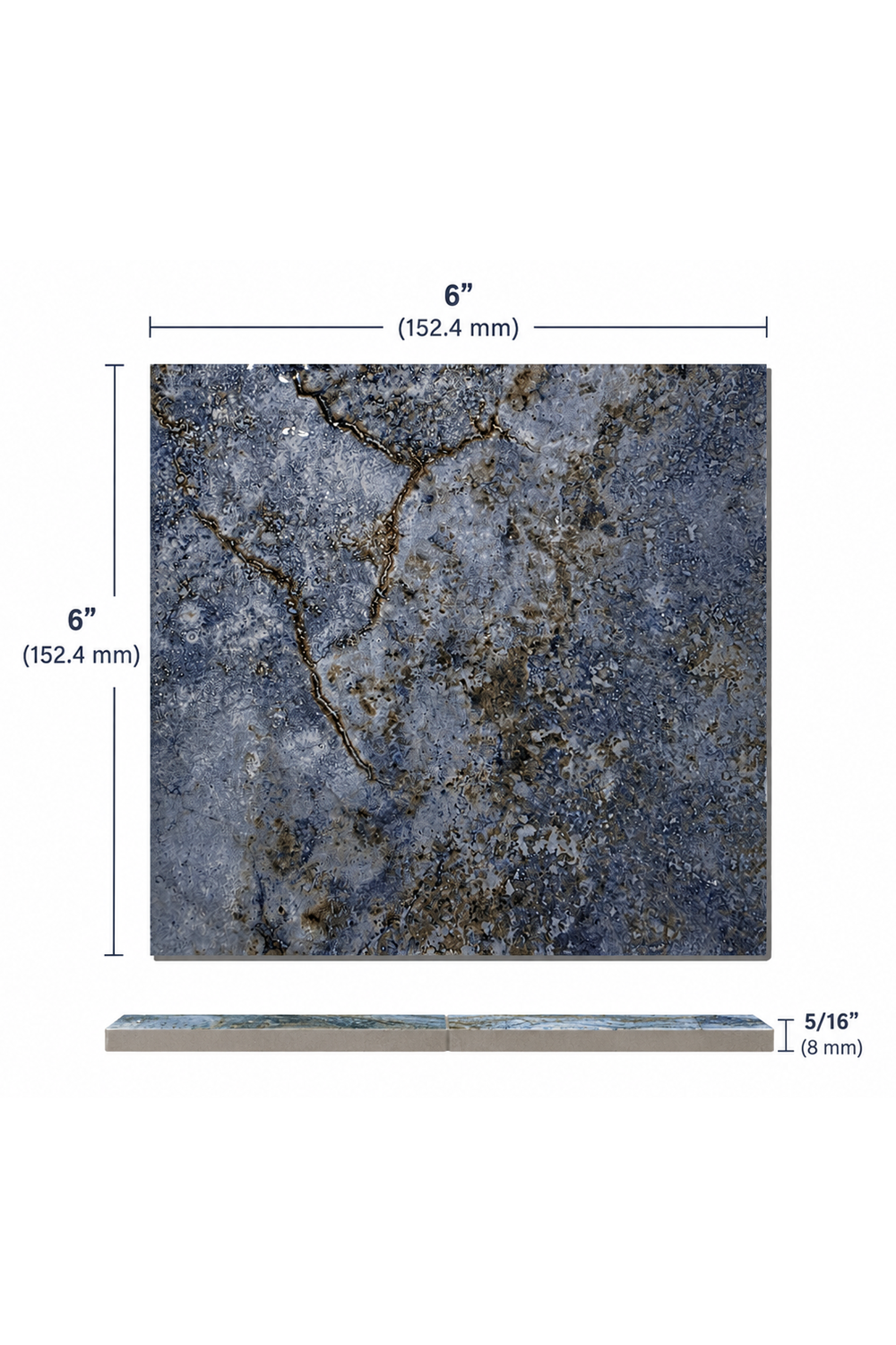 6x6 blue porcelain pool tile dimensions, 152.4 mm square by 8 mm thick with edge profile