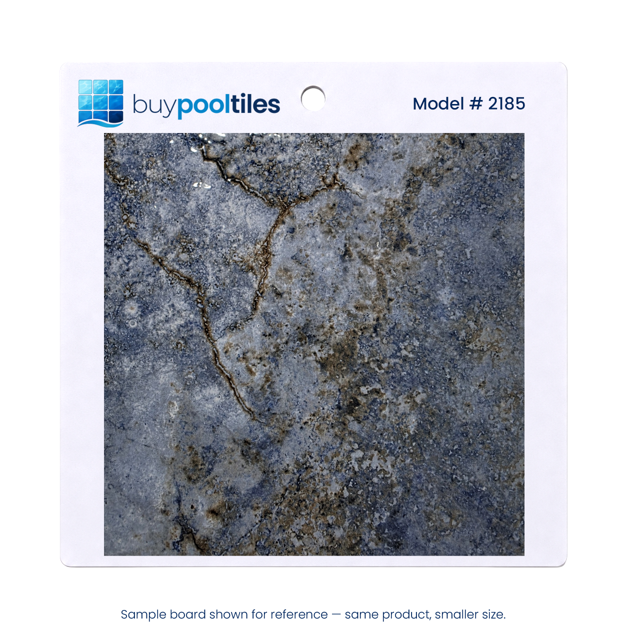 Storm Blend blue porcelain pool tile sample board, model 2185, showing marbled indigo and cream veining.