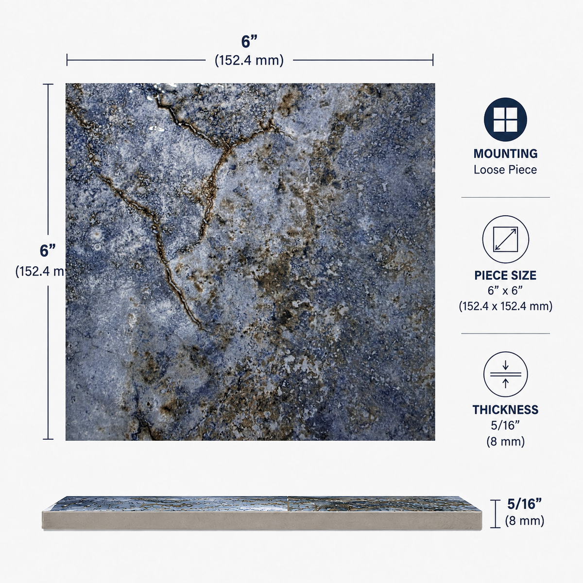 Storm Blend blue porcelain tile specifications: 6 by 6 inch piece, 5/16 inch (8 mm) thick, loose piece mounting.