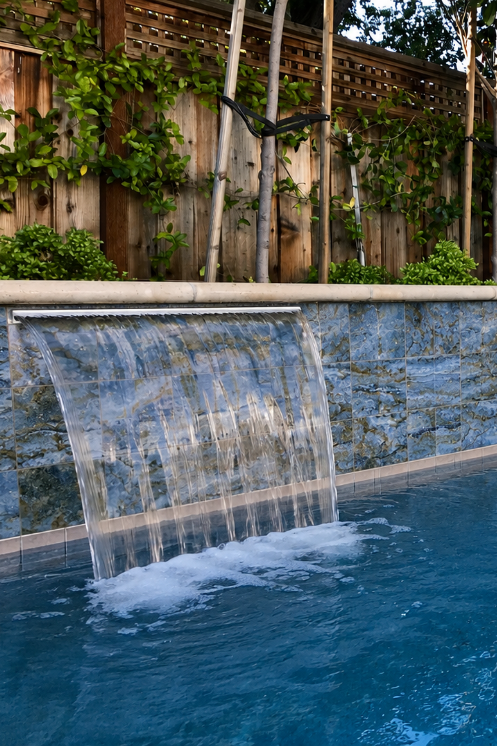 Waterfall spilling into a pool from a raised wall tiled in Storm Blend blue porcelain 6x6, surrounded by greenery.