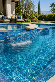 Pool and raised spa finished in Caribbean Turquoise iridescent glass mosaic tile, with palms and an ocean view.