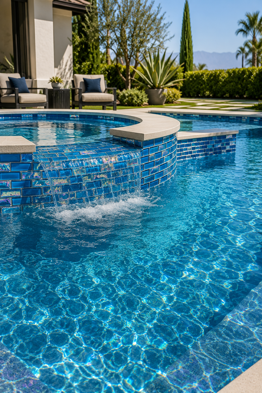 Pool and raised spa finished in Caribbean Turquoise iridescent glass mosaic tile, with palms and an ocean view.