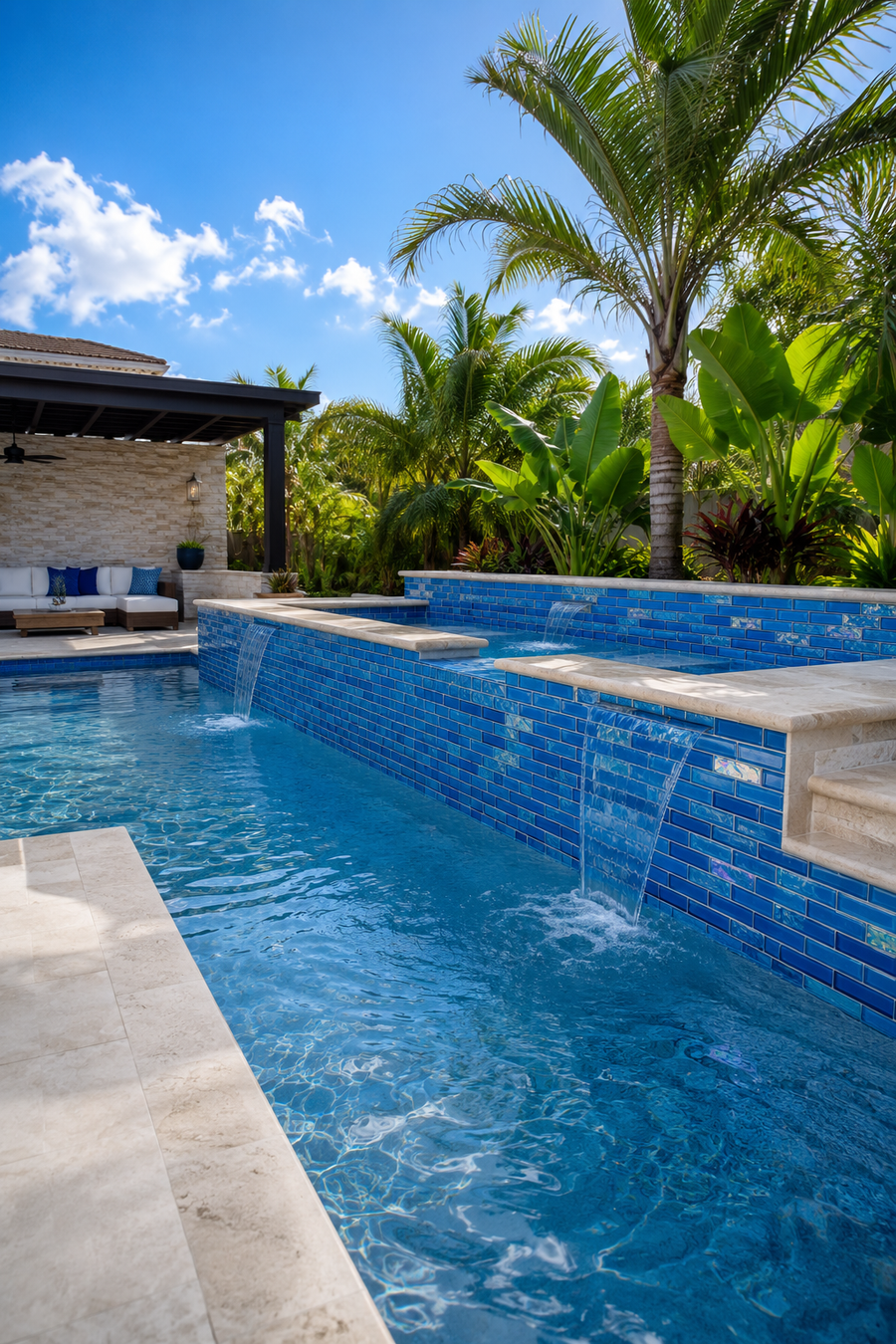 Pool with a waterfall wall clad in Caribbean Turquoise iridescent glass mosaic tile among tropical palms.