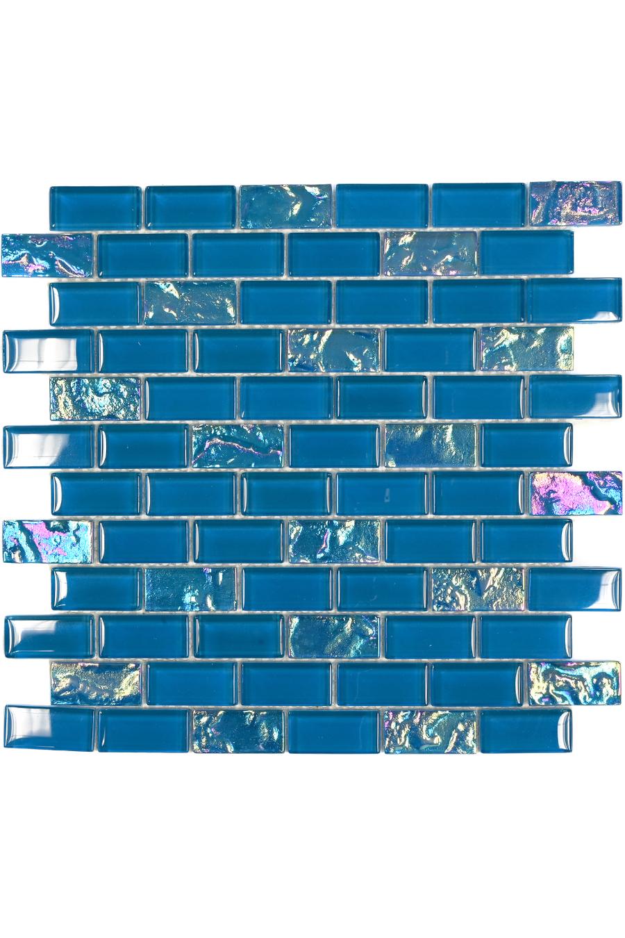 Caribbean Turquoise iridescent glass mosaic pool tile sheet with brick-set chips in turquoise and deep blue.