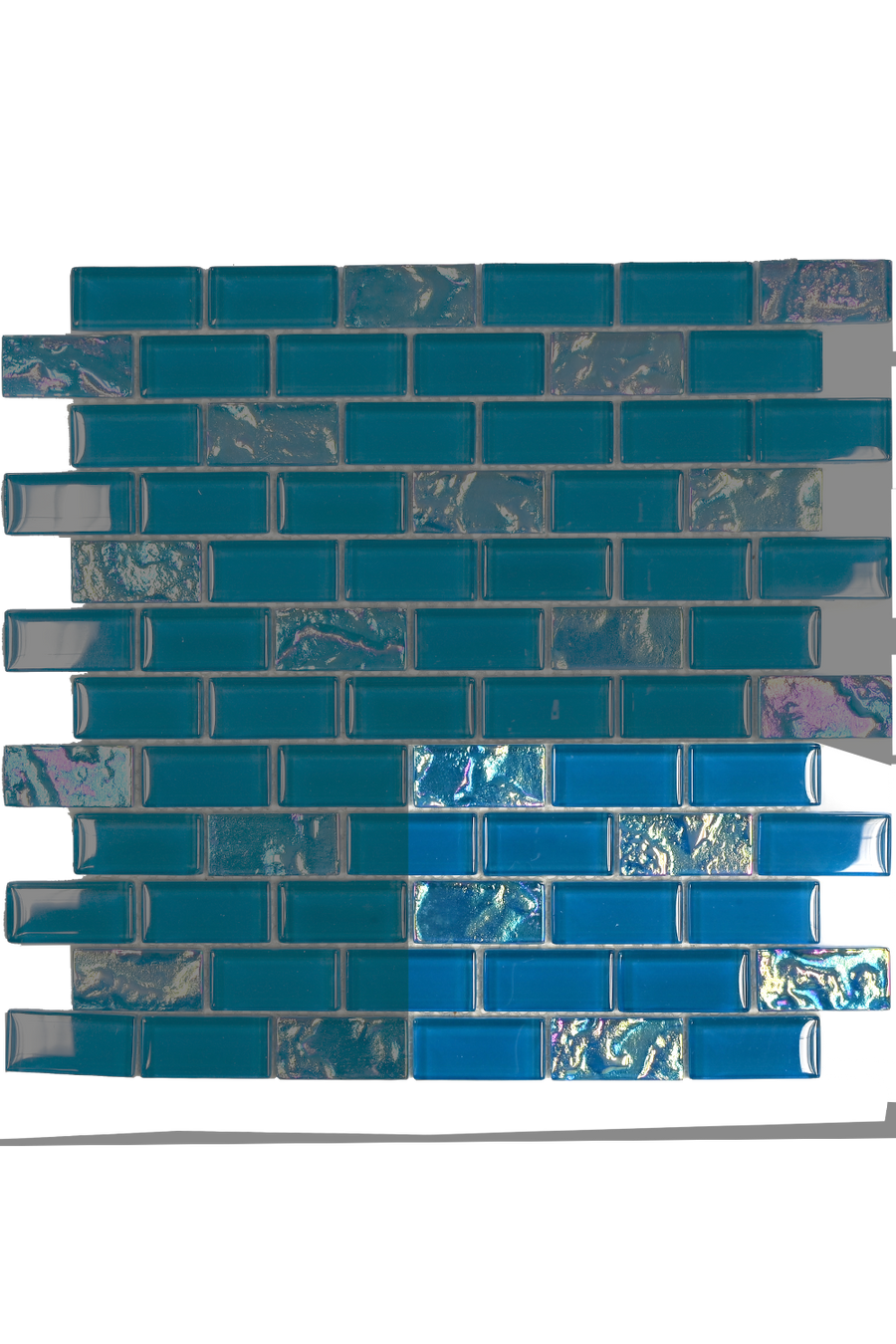 Sheet of Caribbean Turquoise iridescent glass mosaic pool tile showing the brick-set layout and marbled chips.