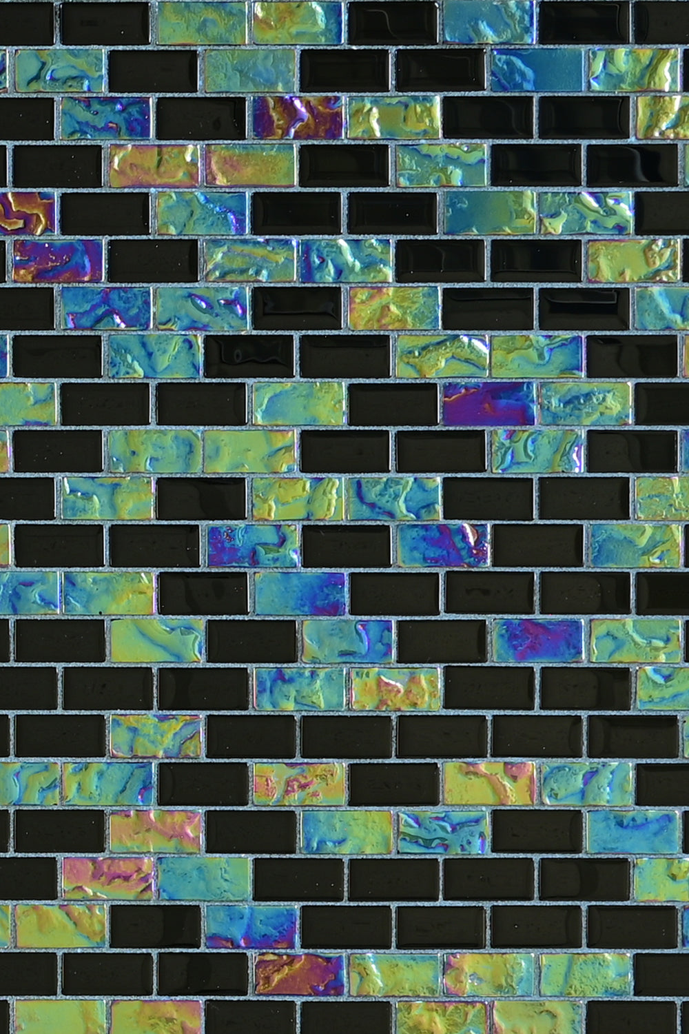 Full sheet of Black Opal iridescent glass mosaic pool tile showing the mix of black and colour-shifting chips.