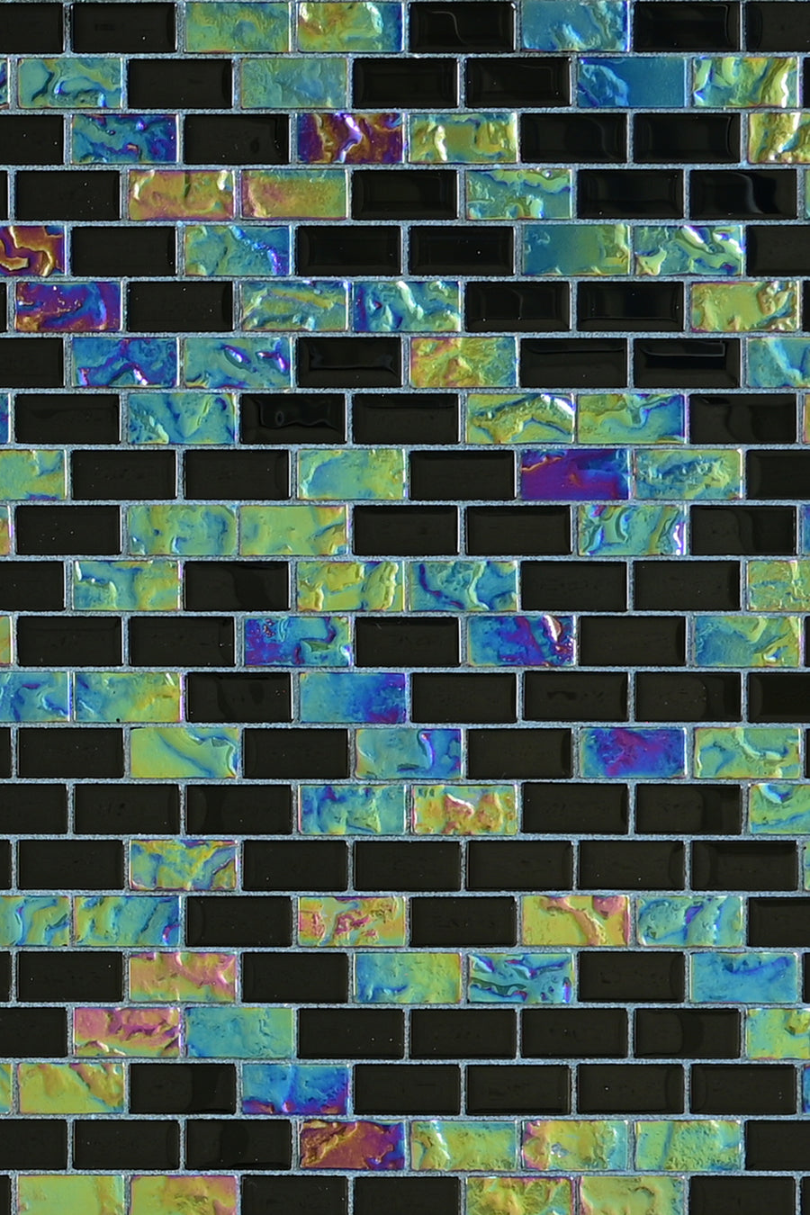 Full sheet of Black Opal iridescent glass mosaic pool tile showing the mix of black and colour-shifting chips.
