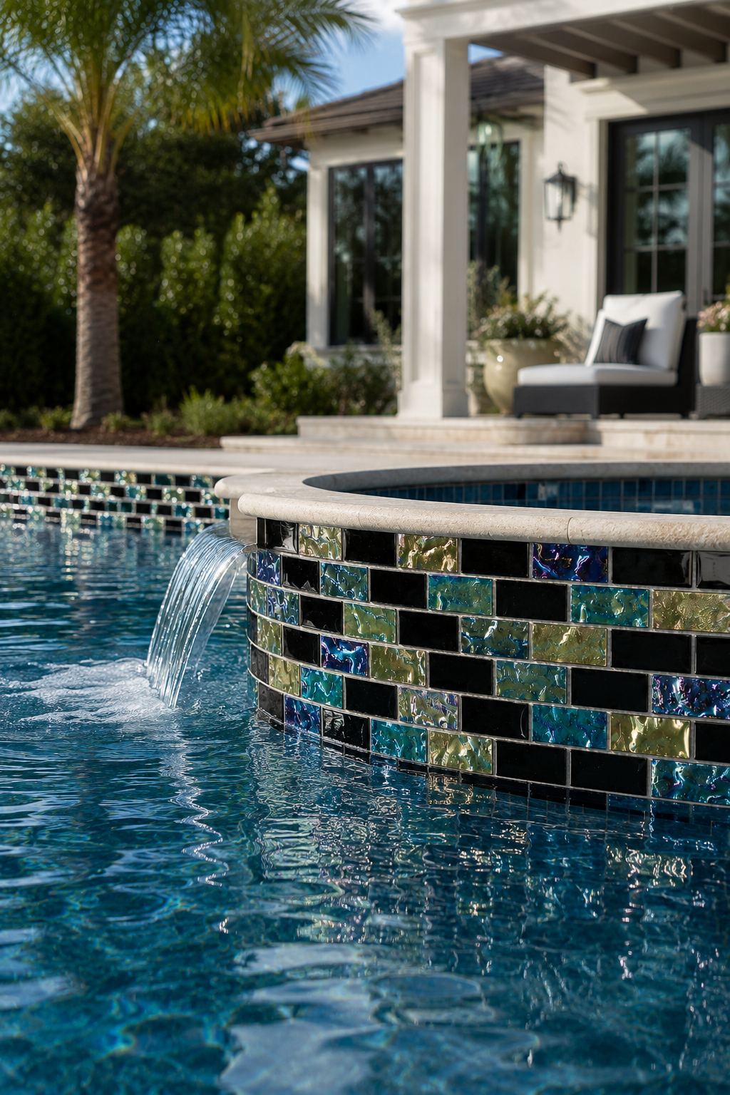 Round raised spa with a spillway clad in Black Opal iridescent glass mosaic tile, surrounded by palms.