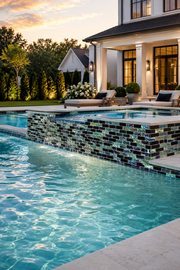 Pool at dusk with a raised spa wall tiled in Black Opal iridescent glass mosaic, beside a modern lit house.
